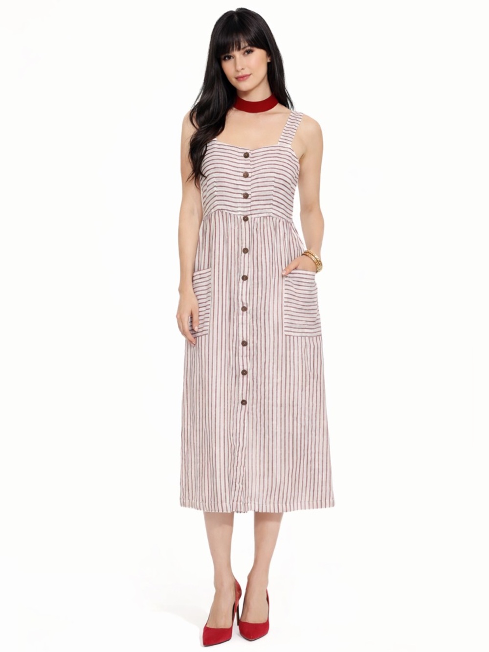 Artisan NY Stripe Linen Button Front Dress Womens SZ S 4 Cottagecore Minamalist